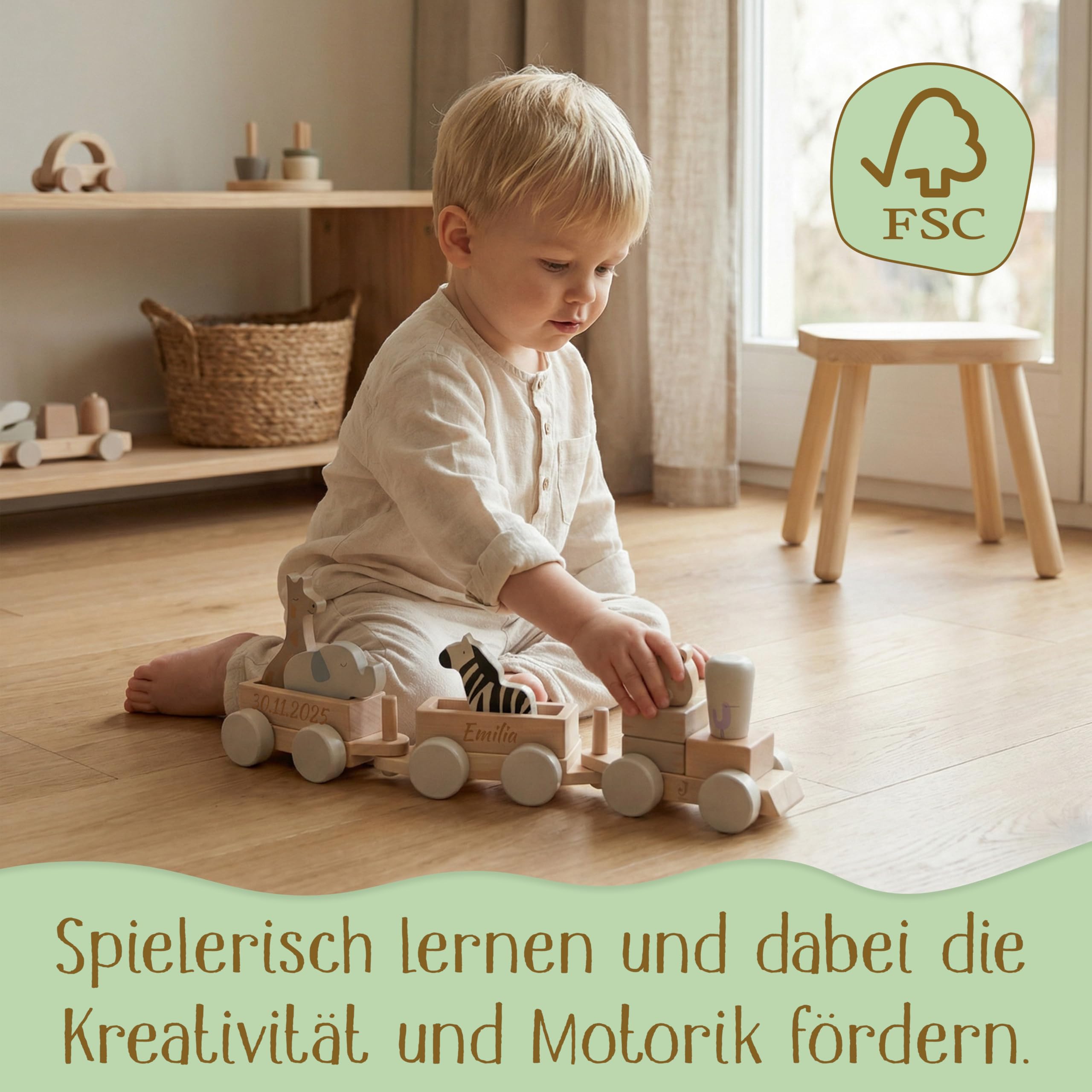 Jollein Holzzug personalisiert mit Name & Datum – FSC Holzspielzeug ab 18 Monate – Made in Germany – beidseitige Gravur – Motorikspielzeug mit Tieren