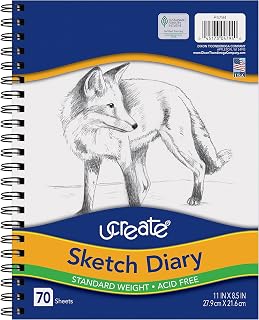 UCreate Sketch Diary P4794 Sketchbook, 11x8.5 Inch Spiral Bound, 70 Sheets White Sulphite Paper for Dry Media Drawing