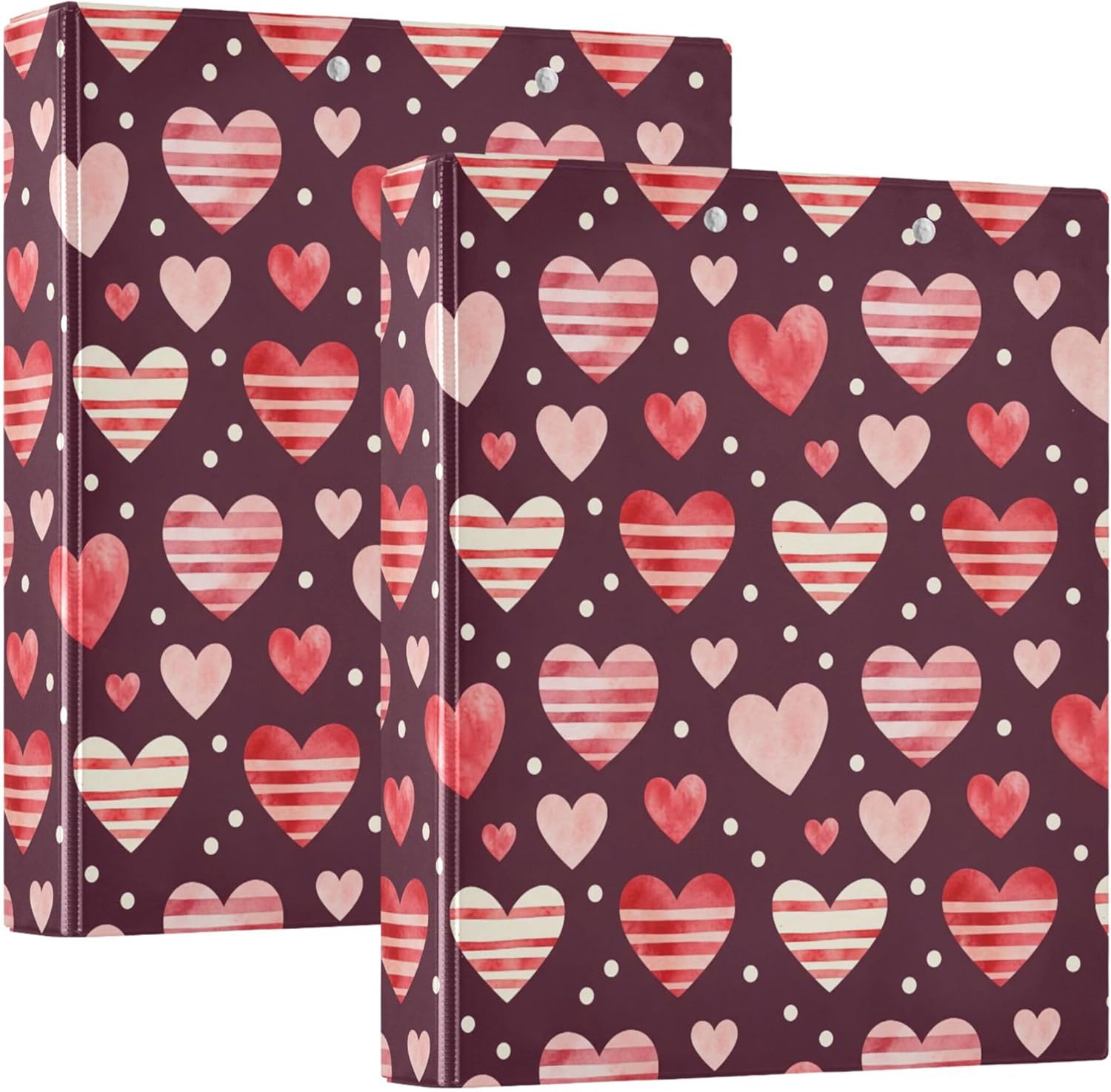Valentine's Day Red Hearts 3 Ring Binders, 1.5” Round Ring Binders with Clipboard - Letter Size, 3 Interior PVC Clear Pockets & Anti-Slip Clip for Office School Supplies, 2PCS