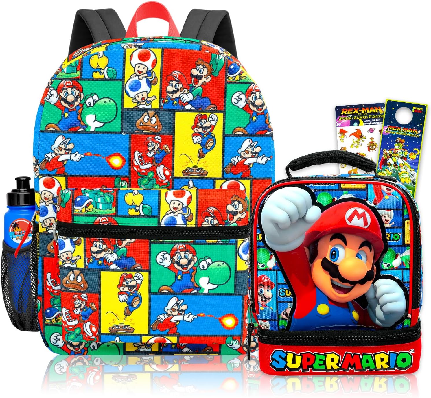Super Mario Backpack and Lunchbox Set - Bundle with 16" School Bag Featuring Luigi, Yoshi, Toad Plus Lunch Box, Stickers, Water Bottle, More | Super Mario School Bag for Boys, Kids