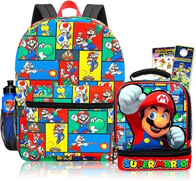 Super Mario Backpack and Lunch Box Set for School Boys Bundle + More | Insulated Lunch Bag & 16in Large Durable Super Mario Bookbag Plus Water Bottle, Stickers, More - Super Mario School Supplies