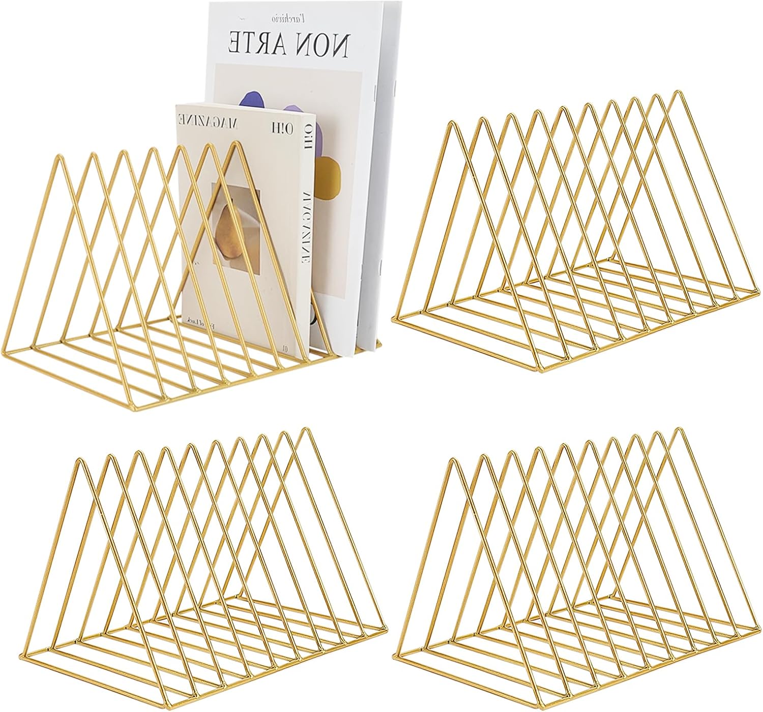 4Pcs Triangle File Holder, 9 Slot Black Magazine Holder, Metal Vinyl Record Storage Stand, Desktop File Organizer Magazine Rack, Bookshelf Organizer for Office Home, Letter Book (Gold) (Gold)