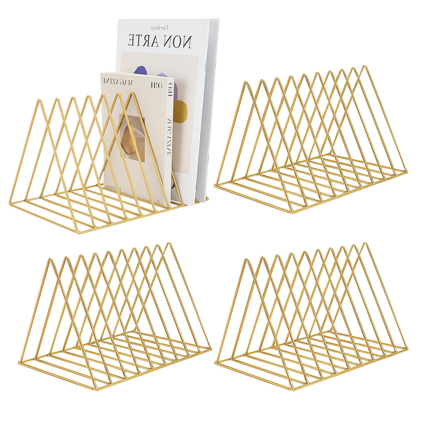 BOJVESH 4Pcs Triangle File Holder, 9 Slot Golden Magazine Holder, Metal Vinyl Record Storage Stand, Desktop File Organizer Magazine Rack, Bookshelf Organizer for Office Home, Letter Book (Golden)