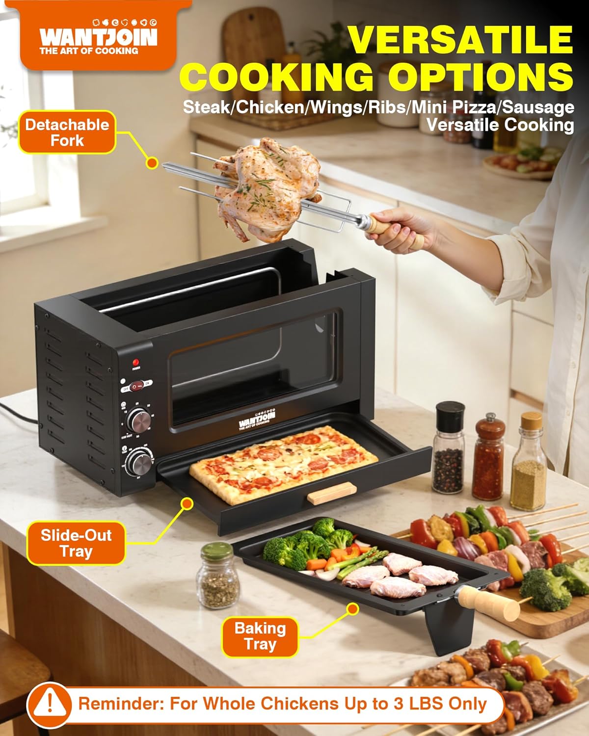WantJoin Electric Rotisserie Oven - 26QT 3-Layer 3-in-1 Rotisserie Oven For Simultaneous Cooking, 360°Auto-Rotate Heating, Visible Glass Door, Rotisserie Cooker for Home Kitchen & Party Use 1800W