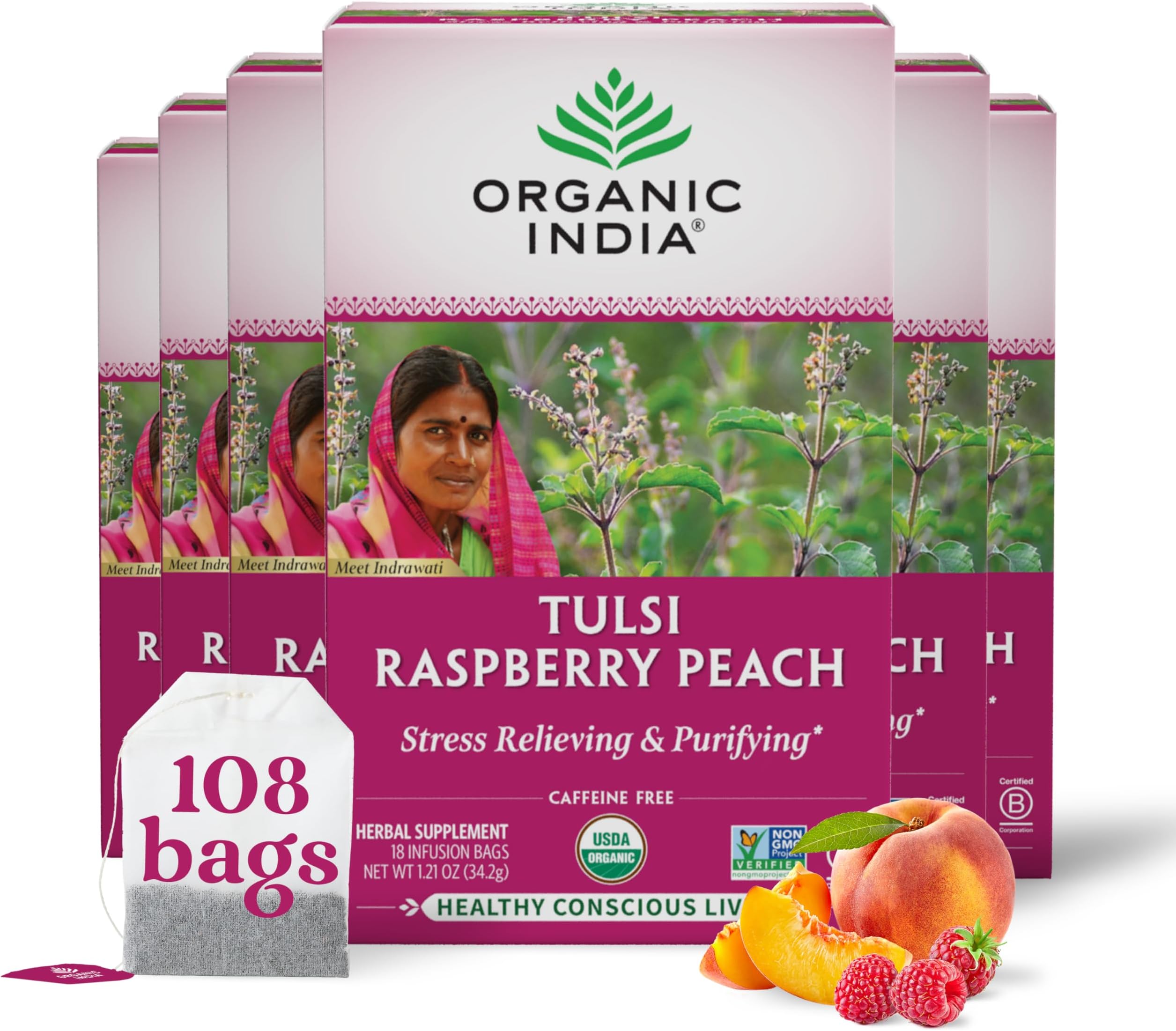 Organic India Tulsi Raspberry Peach Herbal Tea - Holy Basil, Stress Relieving & Purifying, Immune Support, Vegan, Kosher, USDA Certified Organic, Non-GMO, Caffeine-Free - 18 Infusion Bags, 6 Pack