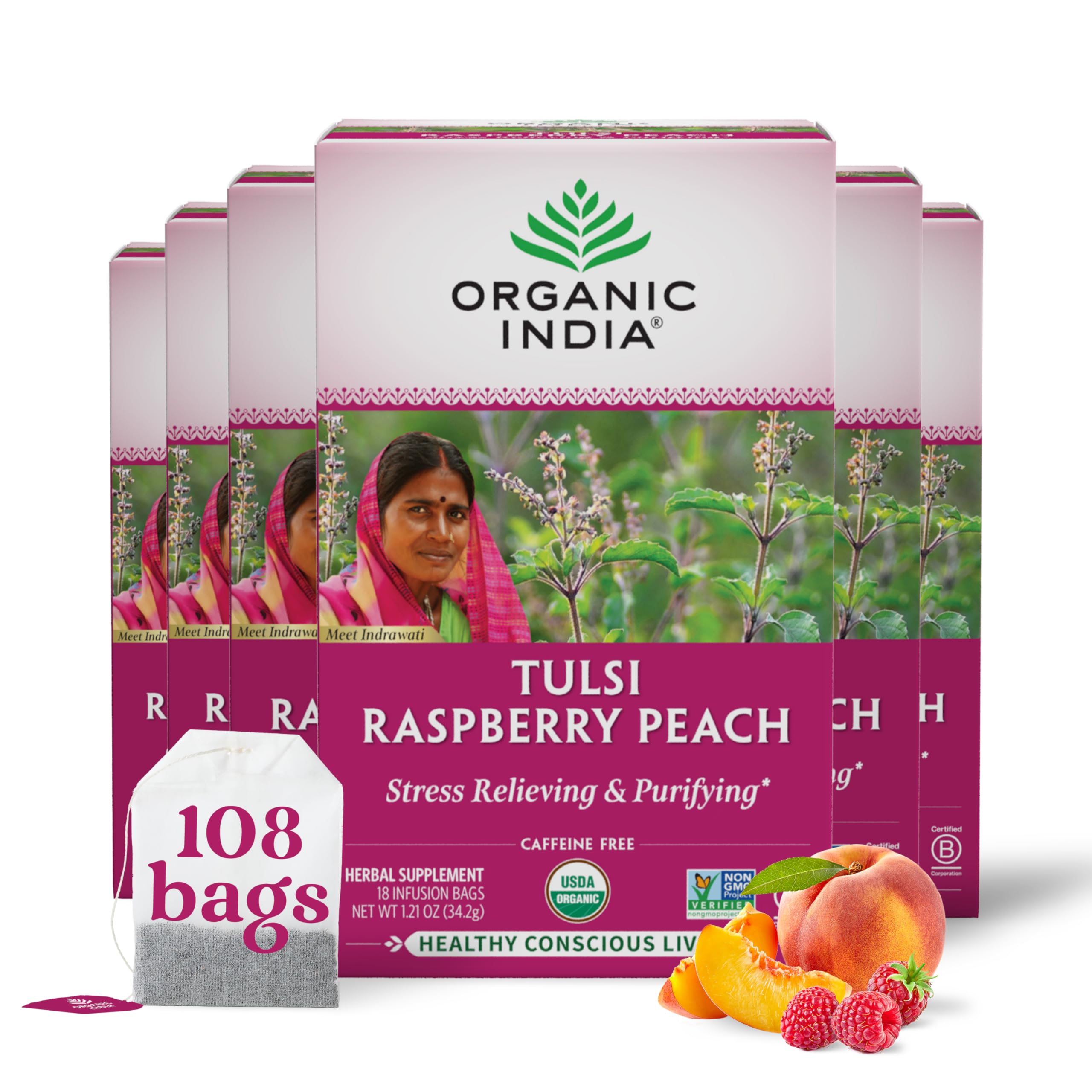 Organic India Tulsi Raspberry Peach Herbal Tea - Holy Basil, Stress Relieving & Purifying, Immune Support, Vegan, Kosher, USDA Certified Organic, Non-GMO, Caffeine-Free - 18 Infusion Bags, 6 Pack