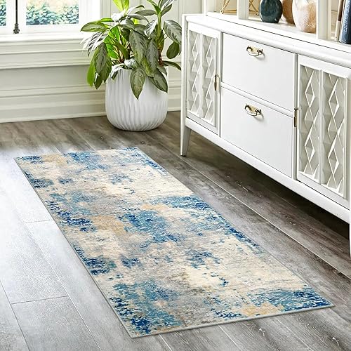 Miniatura 5 de Alfombra de baño lavable azul moderna, alfombra antideslizante de 2 x 5 pies, tapete para cuarto de servicio, tapete envejecido, suave, esponjoso,