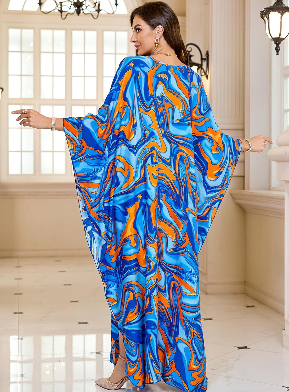 Women Kaftan Dresses Plus Size V-Neck Batwing Sleeves Beach Cover Up 2025 Summer Floral Print Caftan Dress - Image 3
