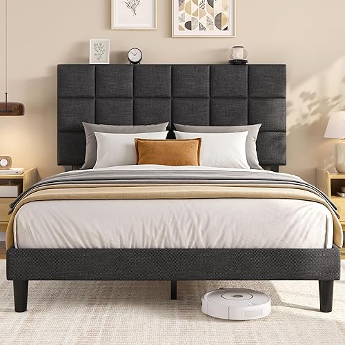 Queen Platform Bed Frame with Linen Upholstered Adjustable Tall Headboard, No Box Spring Needed, Anti-Noise EVA Sponge, Easy Assembly, One-Box Shipping, 7.5 Inch Under Bed Storage, Dark Grey