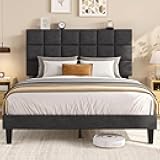 Fluest Queen Platform Bed Frame with Linen Upholstered Adjustable Tall Headboard, No Box Spring Needed, Anti-Noise EVA Sponge, Easy Assembly, One-Box Shipping, 7.5 Inch Under Bed Storage, Dark Grey