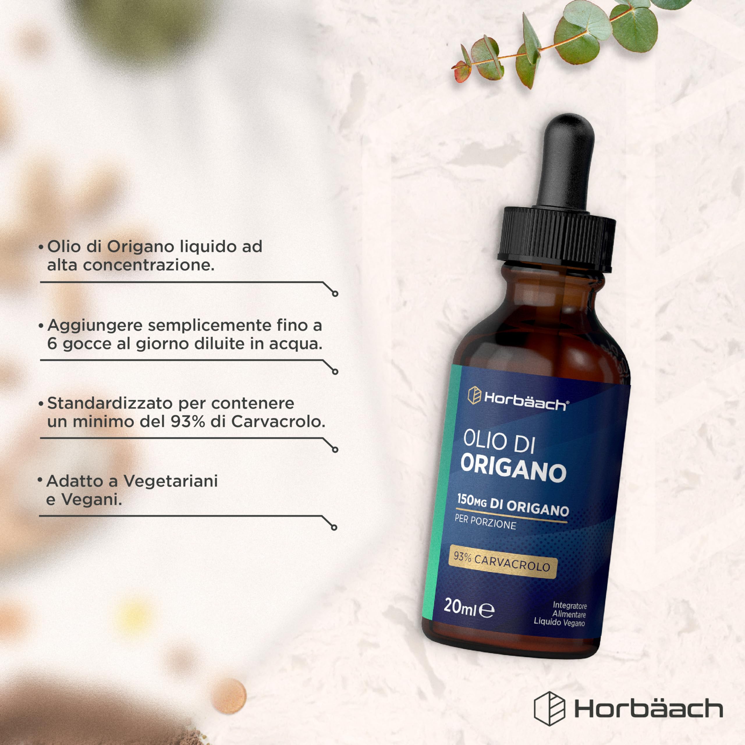 Olio di Origano Gocce | 100% Puro | Alto dosaggio di Carvacrolo | 20 ml | Vegano | Horbaach