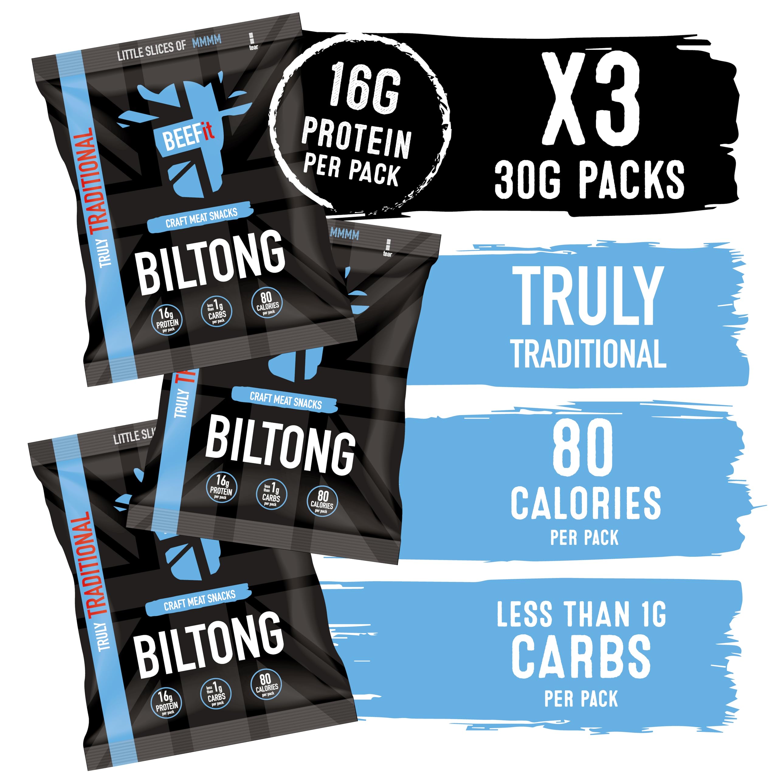BEEFit Biltong Beef Jerky Taster Pack – Healthy High Protein Snacks, Gluten Free and Keto Friendly Snack – Perfect for On-the-Go or Fitness Enthusiasts (Traditional, 3x30g)