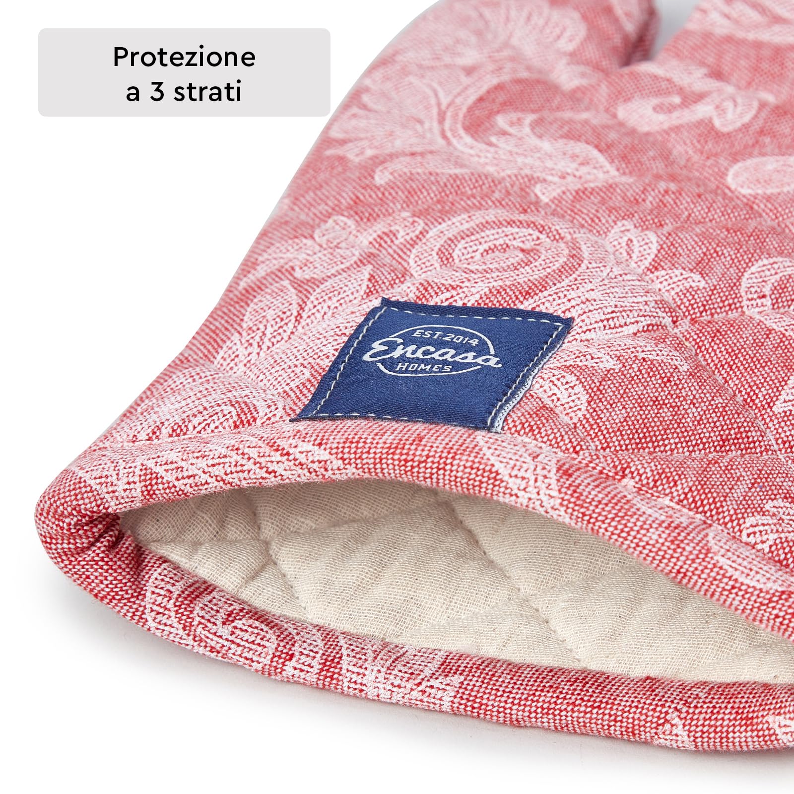 Encasa XO Guanto Da Forno | Gants Per Microonde, Cucina E Uso In Cucina | 18x30 cm | Porta Utensili In Cotone - Tessuto Chambray (Confezione Da 2, Rosso)