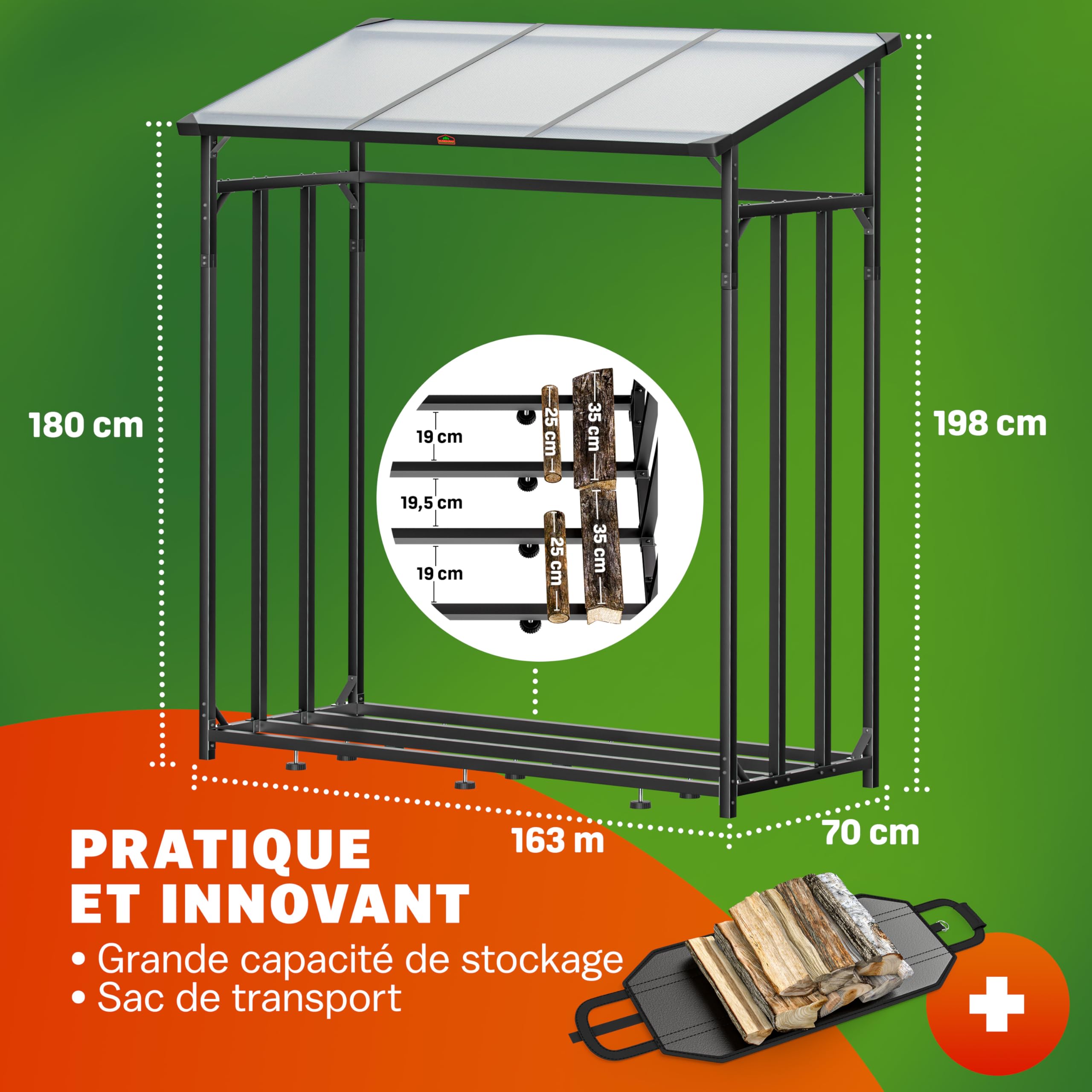 Gardebruk® Étagère pour bois de cheminée XXL Noir en acier avec toit Abri à bois Stockage du bois Étagère à bûches extérieur