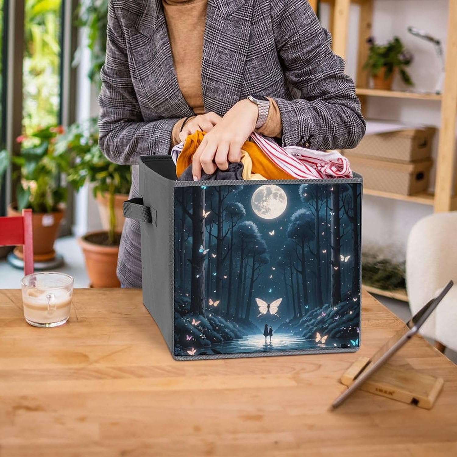 Black Light Fantasy Forest Foldable Storage Box with Handles, Durable Oxford Storage Cubes, 2PCS Collapsible Closet Organizer for Home, Shelf, Office, Travel