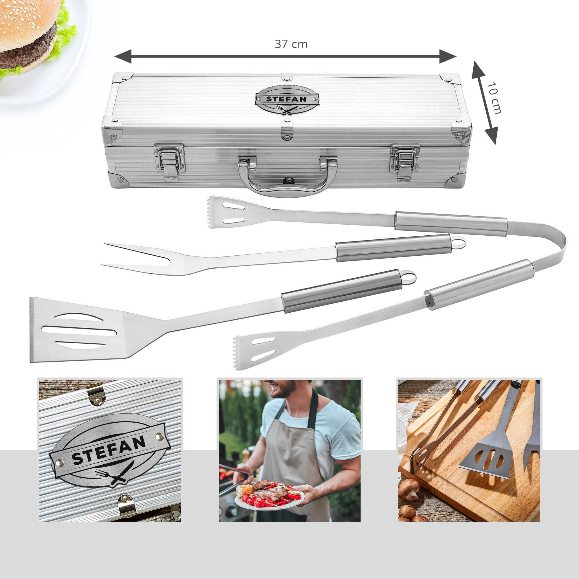 Casa Vivente Coffret d'Ustensiles pour Grillades, Fourchette, Pince, Spatule, Gravure Personnalisée, 37x10x8,5 cm