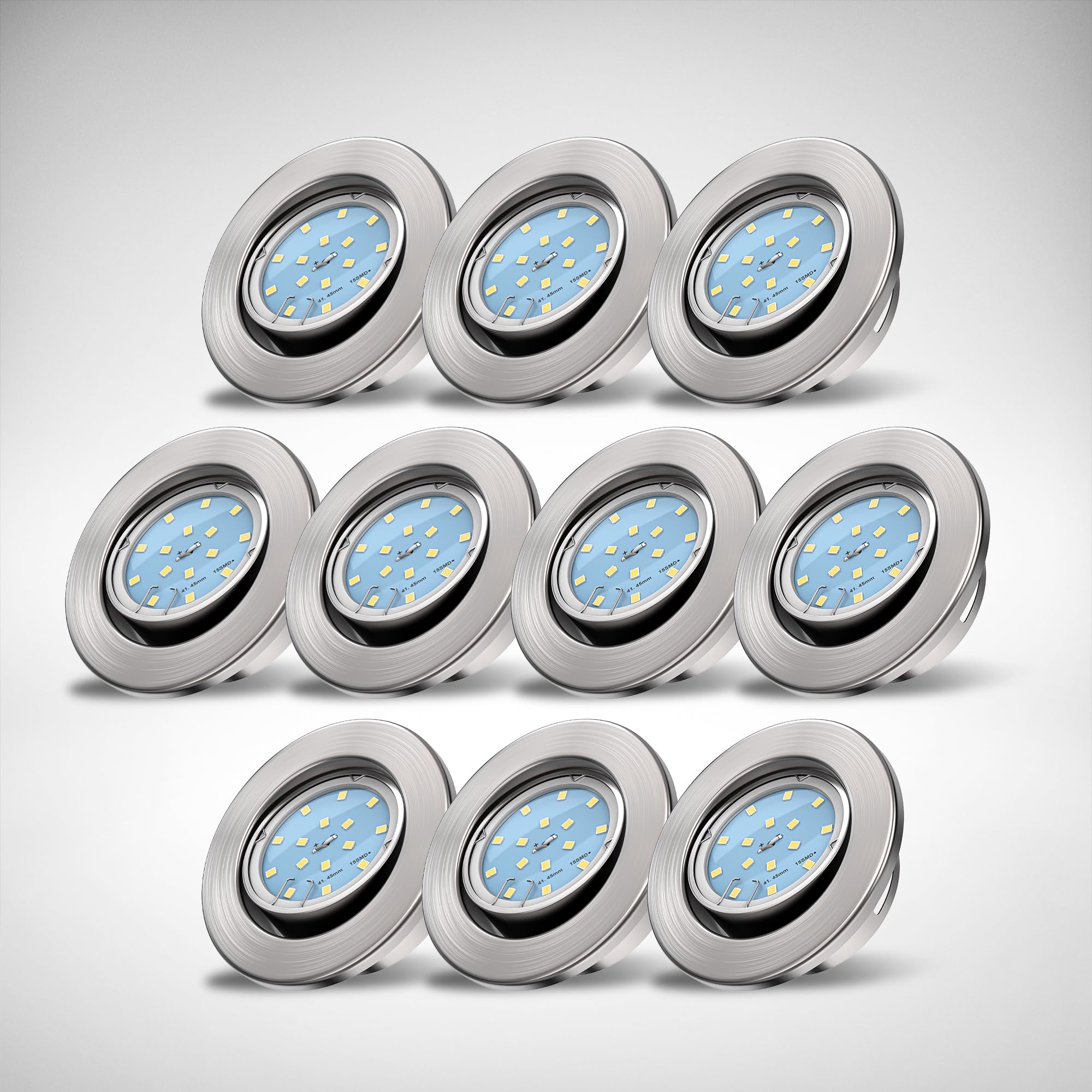 B.K.Licht - 10er Set LED Einbaustrahler 230V schwenkbar, warmweiße Lichtfarbe, Lochmass 68mm, Spot, flach, Deckenspots, LED Spots, Einbauleuchten, Einbauspots, 86x26 mm, Matt-Nickel