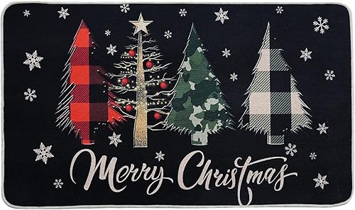 Miniatura 1 de ONWAY Tapete de Navidad negro con diseño de árboles de Navidad, tapete decorativo para cocina, de bajo perfil, para interiores y exteriores, 17.5 x