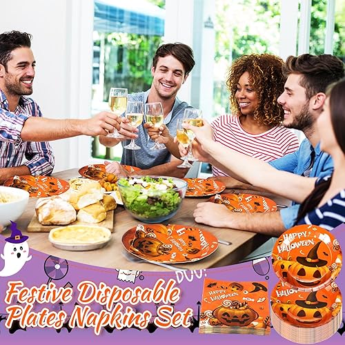 Miniatura 5 de 100 piezas de suministros para fiesta de Halloween, platos desechables, servilletas, cena, almuerzo, postre para decoración de fiesta de cumpleaños,