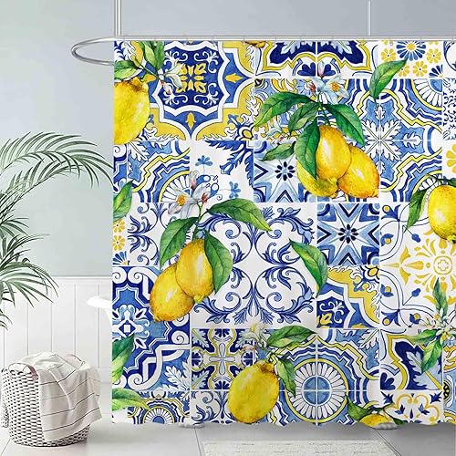 Miniatura 2 de Allenjoy Cortina de ducha de 72 x 72 pulgadas con azulejos azules de limón para el hogar, juego de cortina de baño, tela de poliéster suave y