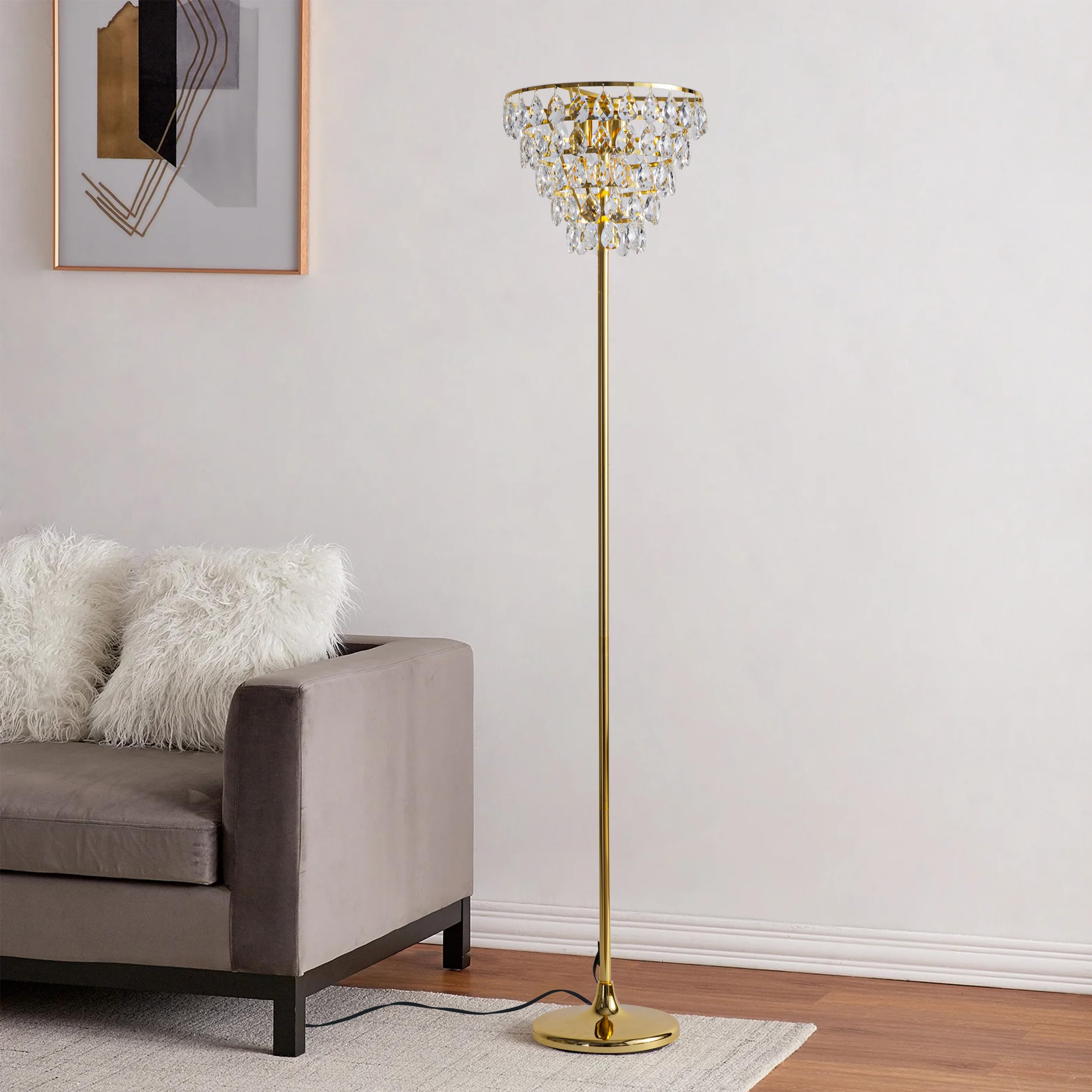 Alpinaluz Kryształowa lampa stojąca – stylowy design ze złotą podstawą, abażurą wodospadową i 3 lampami E14, nowoczesny styl do salonu, sypialni i biura