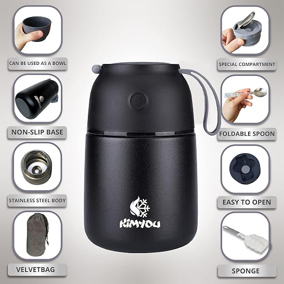 Premium Stainless Steel Vacuum Insulated 530 ml Thermal Food Container | Soup Flask with Bag, Brush & Spoon - Black