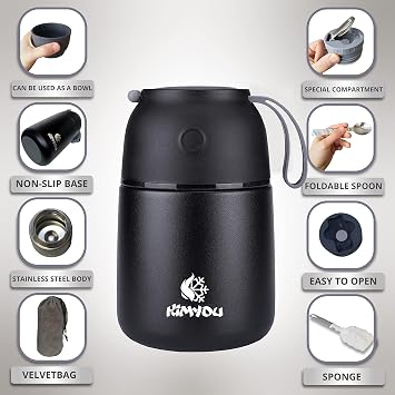 Premium Stainless Steel Vacuum Insulated 530 ml Thermal Food Container | Soup Flask with Bag, Brush & Spoon - Black