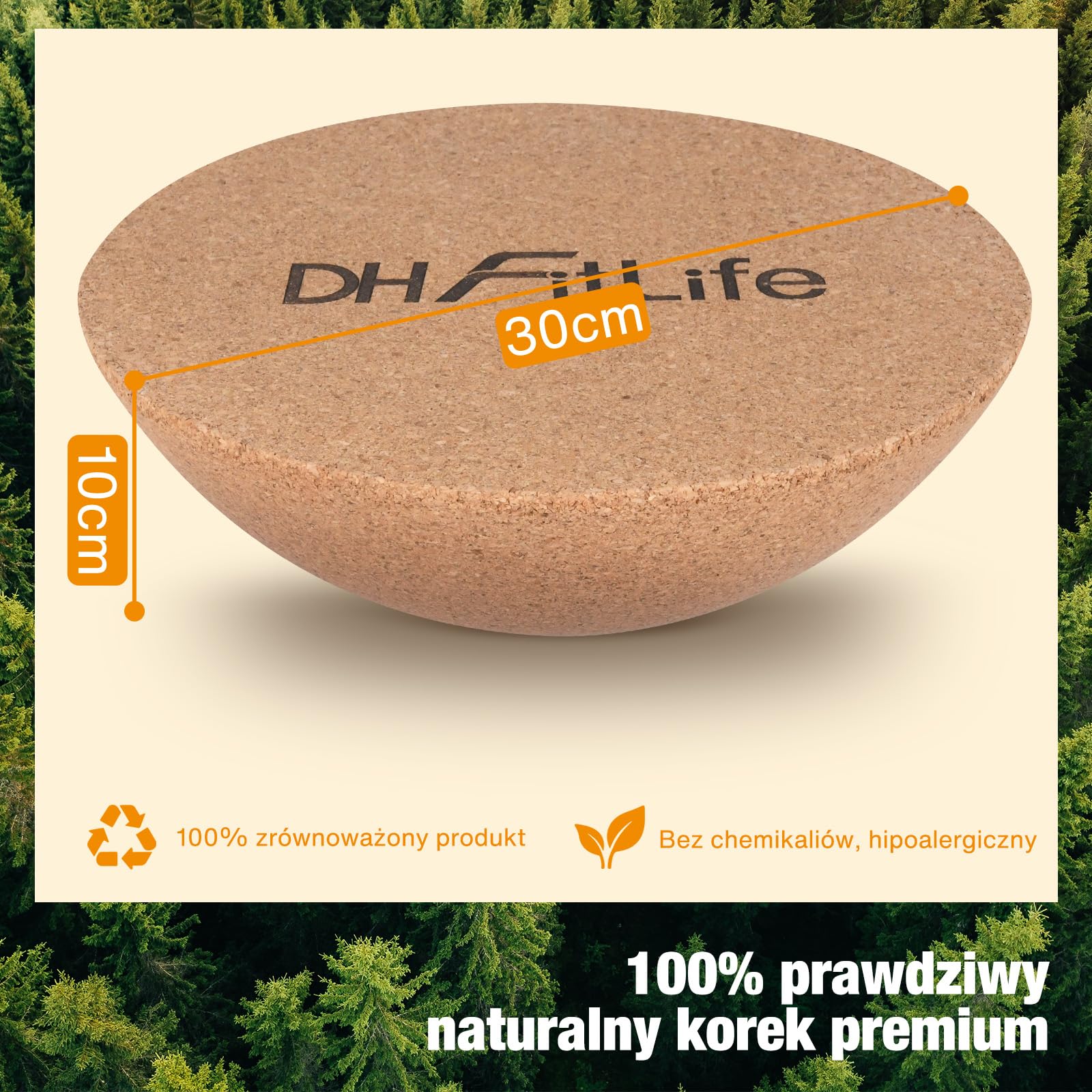 DH FitLife Półkula Korkowa do Deski do Balansowania dla Dorosłych | 30 x 10 cm | 360° Half Balance Ball | Pasuje do Wszystkich Desek do Surfowania | 100% Naturalny Korek i Antypoślizgowa
