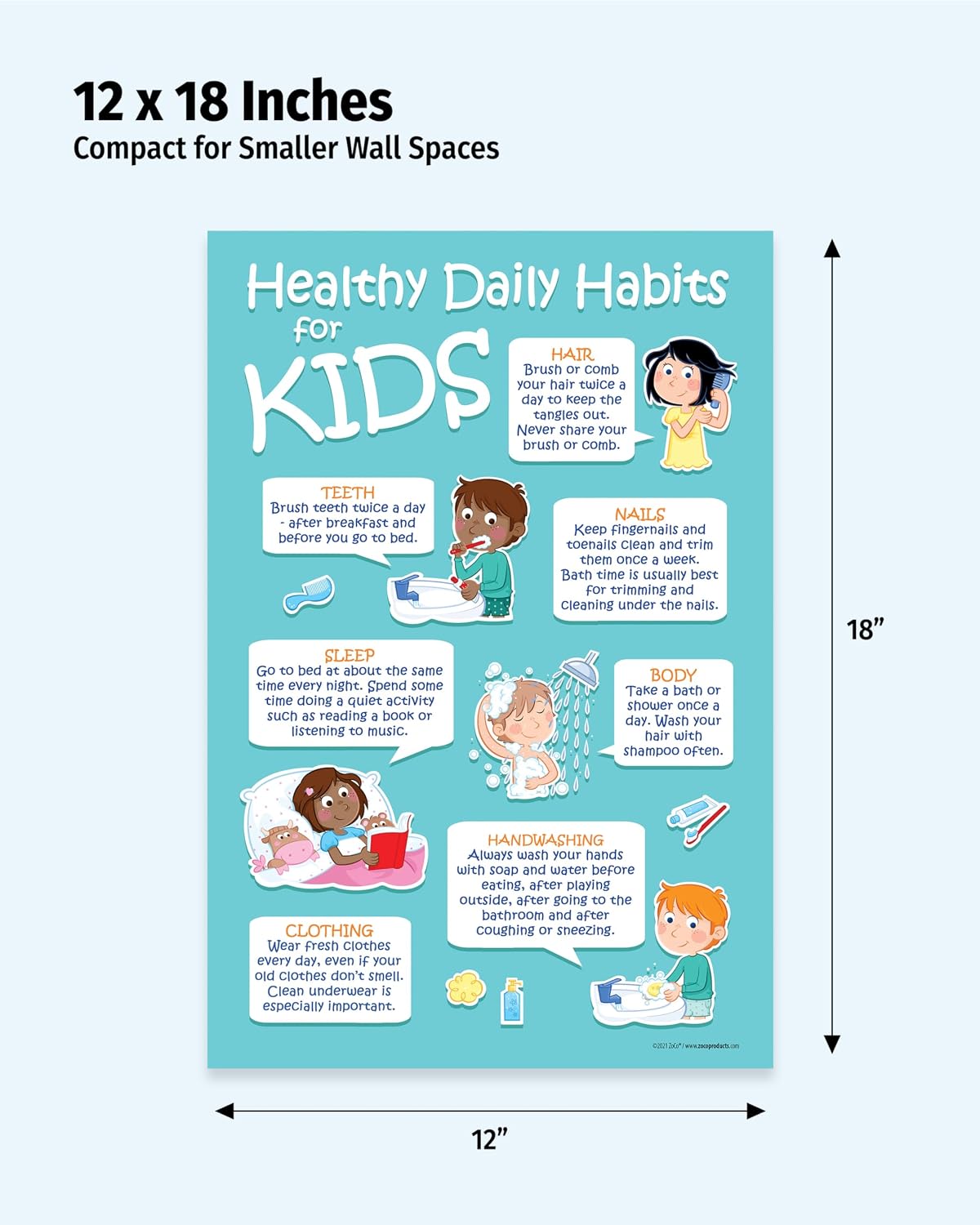 ZOCO – 7 Healthy Daily Habits Poster for Kids (5-Pack) – Laminated 12x18 – Hygiene Chart for Preschool Elementary School Nurse Office – Pediatric Health Decor for Classrooms Daycares Bathrooms