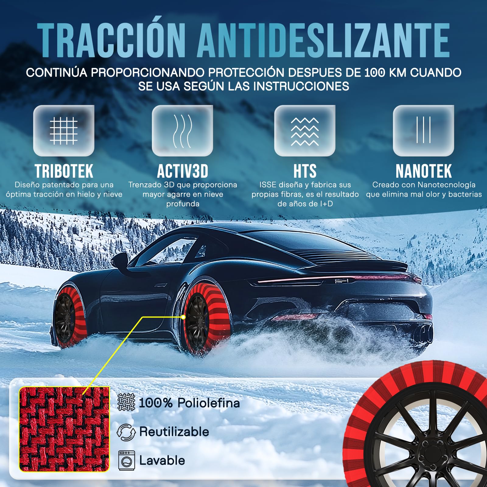 ISSE - Cadenas Coche Nieve Homologación EN 16662-1 y alta seguridad T-66 - Cadenas Nieve Téxtiles Fáciles de Instalar - Cadenas Nieve Coche Antideslizantes y Resistentes - Kit de 2 Cadenas + guantes