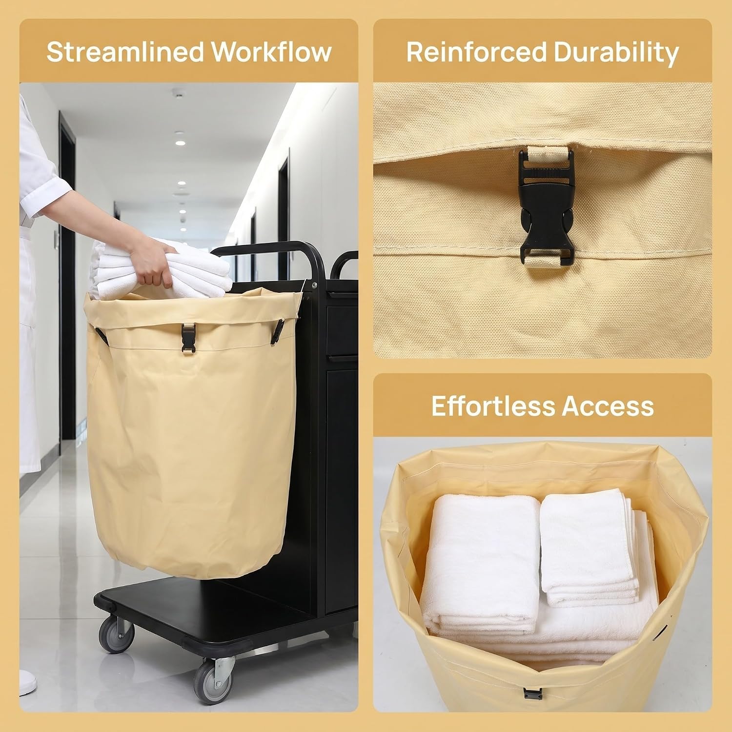 Canvas Laundry Cart Replacement Bag for Housekeeping Carts and Rolling Laundry Baskets, Foldable Storage with Reinforced Edge and Wide Drawstring Opening, for Hotel