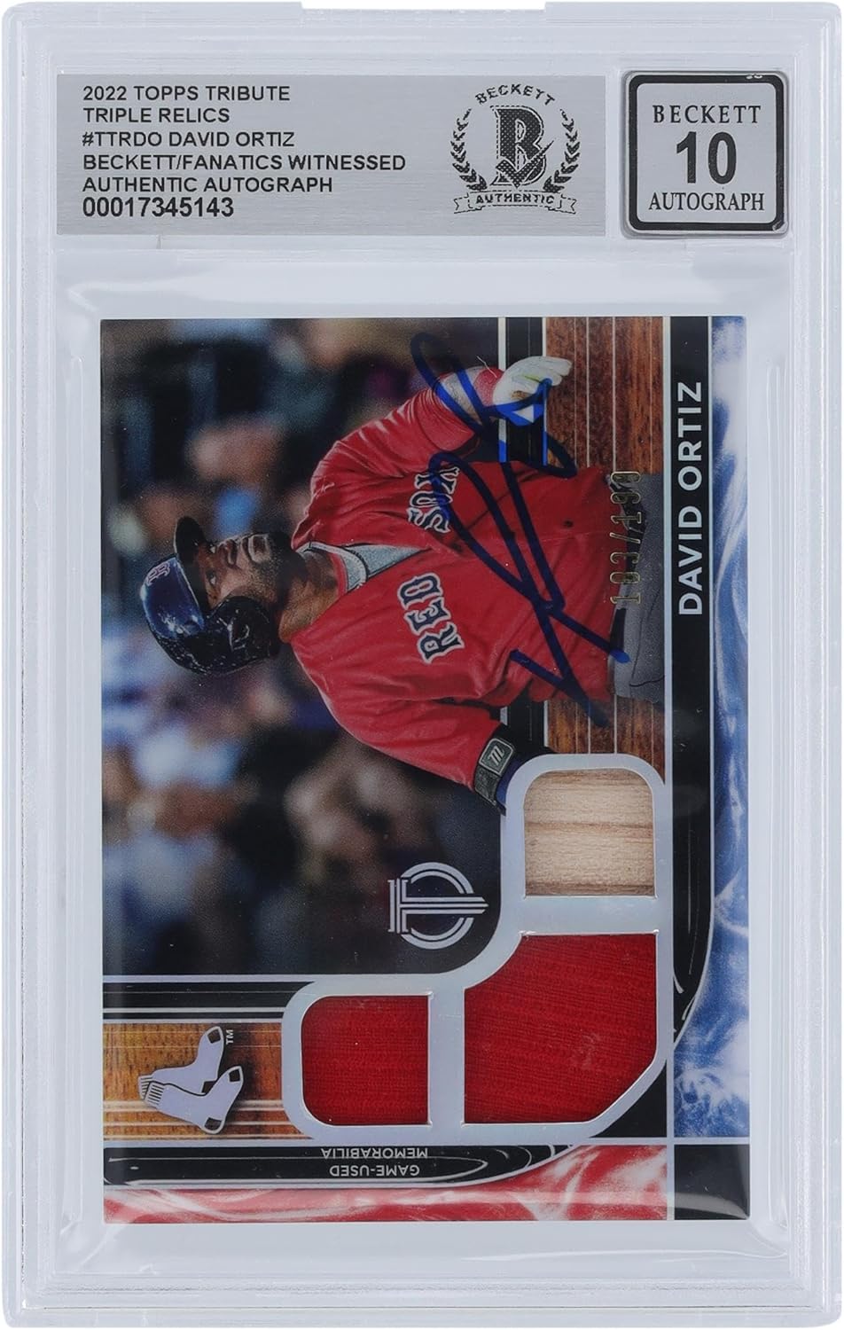 David Ortiz Boston Sox Autographed 2022 Topps Tribute Triple Jersey Bat Relic #TTR-DO #/199 Beckett Fanatics Witnessed Authenticated 10 Card - Baseball Slabbed Autographed Cards
