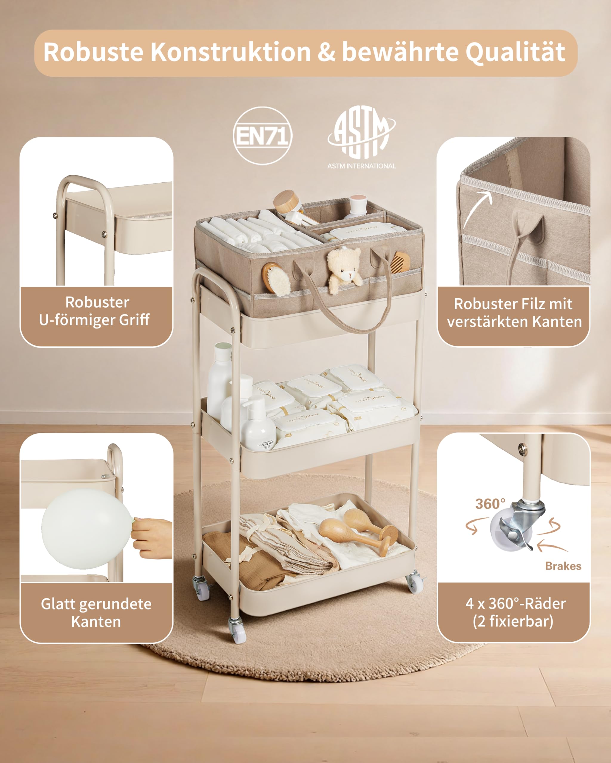 Fortella Wickeltisch Organizer Tragbar mit Rollwagen, für Baby Erstausstattung Neugeborene Wickeltasche und Newborn Baby Essentials, Auch als Servierwagen mit Rollen, Küchenregal Kleines Regal (Braun)