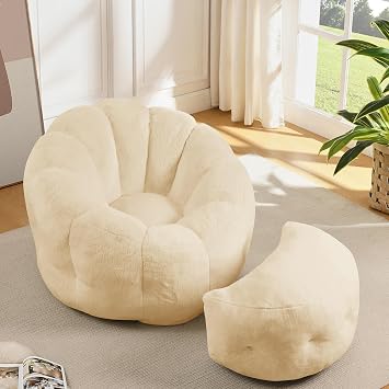 Flower Shaped Bean Bag Chair with Ottoman, Comfy Reading Chair, Beige