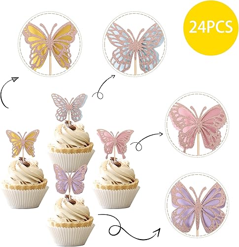 Miniatura 3 de 1 pieza de decoración de pastel de 6 cumpleaños de mariposa con purpurina dorada y rosa para 6 cumpleaños, decoración para baby shower, niños y