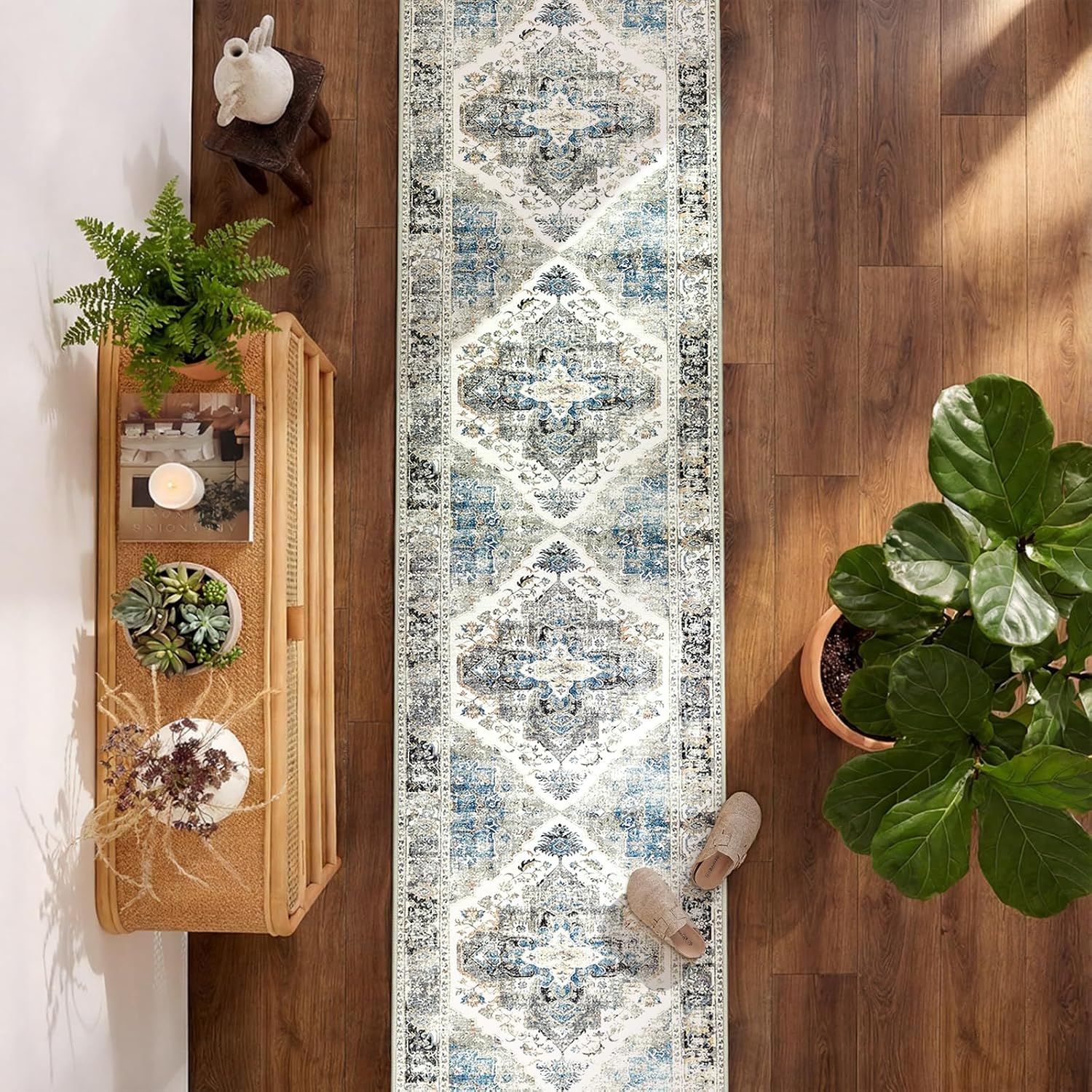 jinchan hallway rug 2x8 runner rug for kitchen entryway stairway bedroom laundry room vintage washable non-slip thin chenille retro lightweight long rug blue grey 2' x 8' (runner) blue grey