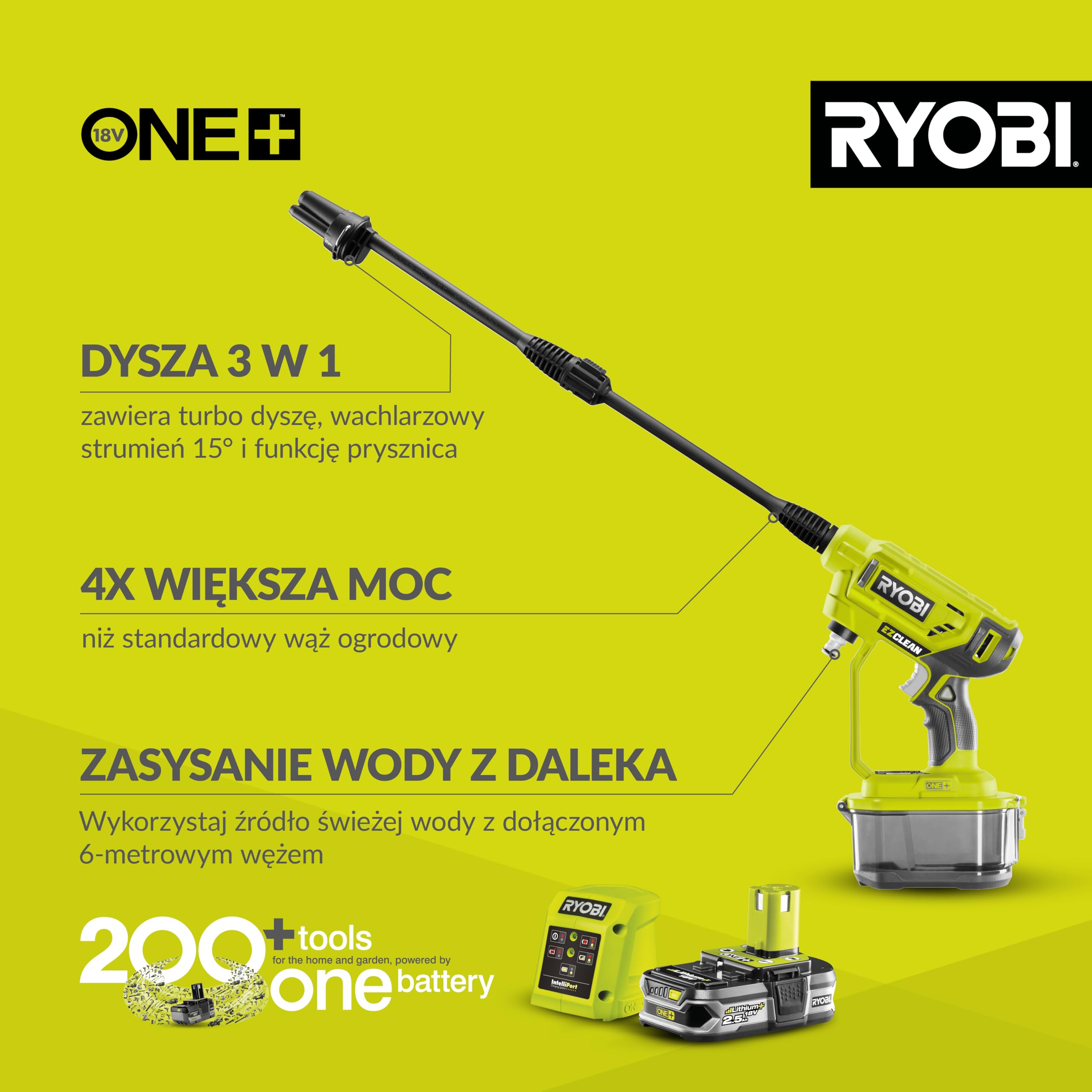 Ryobi Myjka ciśnieniowa, RY18PW22A-125, ciśnienie 22 bary, przepływ wody do 182L na godzinę, dysza 3 w 1, wąż 6 m z sitkiem i filtrem, w zestawie: 1 akumulator litowo-jonowy 2,5 Ah oraz ładowarka