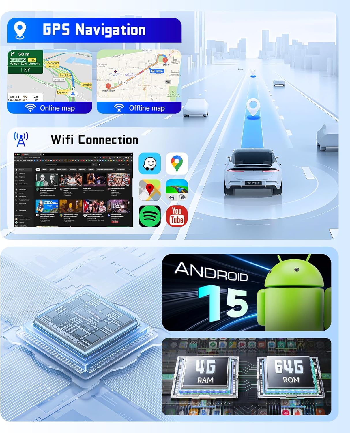 4G+64G Car Radio Stereo for Ford Fiesta 2009-2014, 9inch HD in-Cell Touch Screen/Android 15/Wireless CarPlay/Android Auto/GPS/WiFi/5.0Bluetooth/FM/RDS/SWC/AHD Backup Camera