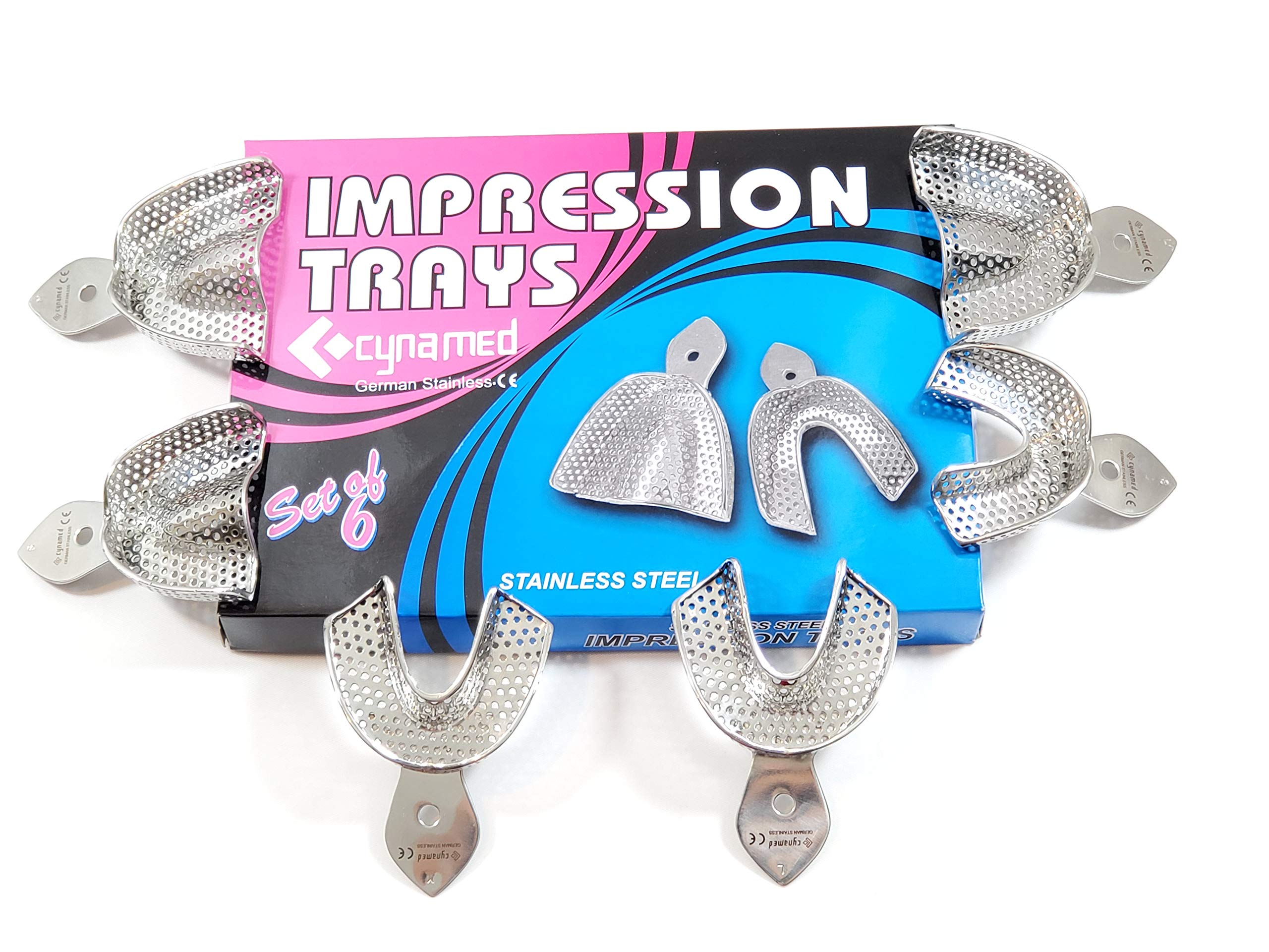 German Stainless-Dental Impression trays 6 Small Medium Large upper and Lowers stainless steel-Denture Instruments-Cynamed Set of 6 (PERFORATED SET of 6)