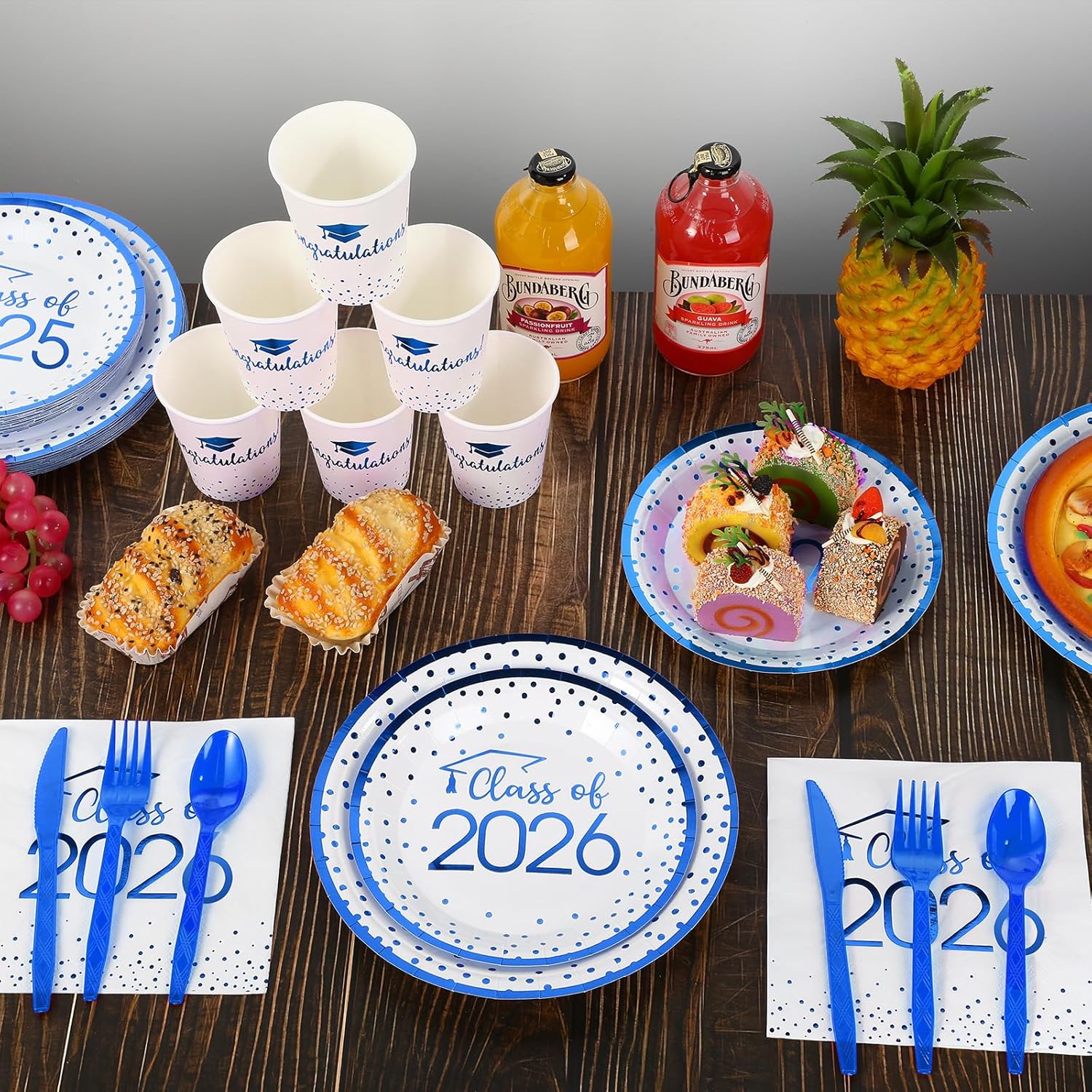 350pcs Class of 2026 Graduation Plates and Napkins Set, Disposable Paper Plate Set Polka Dots Napkins Cups Knife Fork Spoon for Graduation Party Decorations and Supplies,Serve 50 (White Blue）