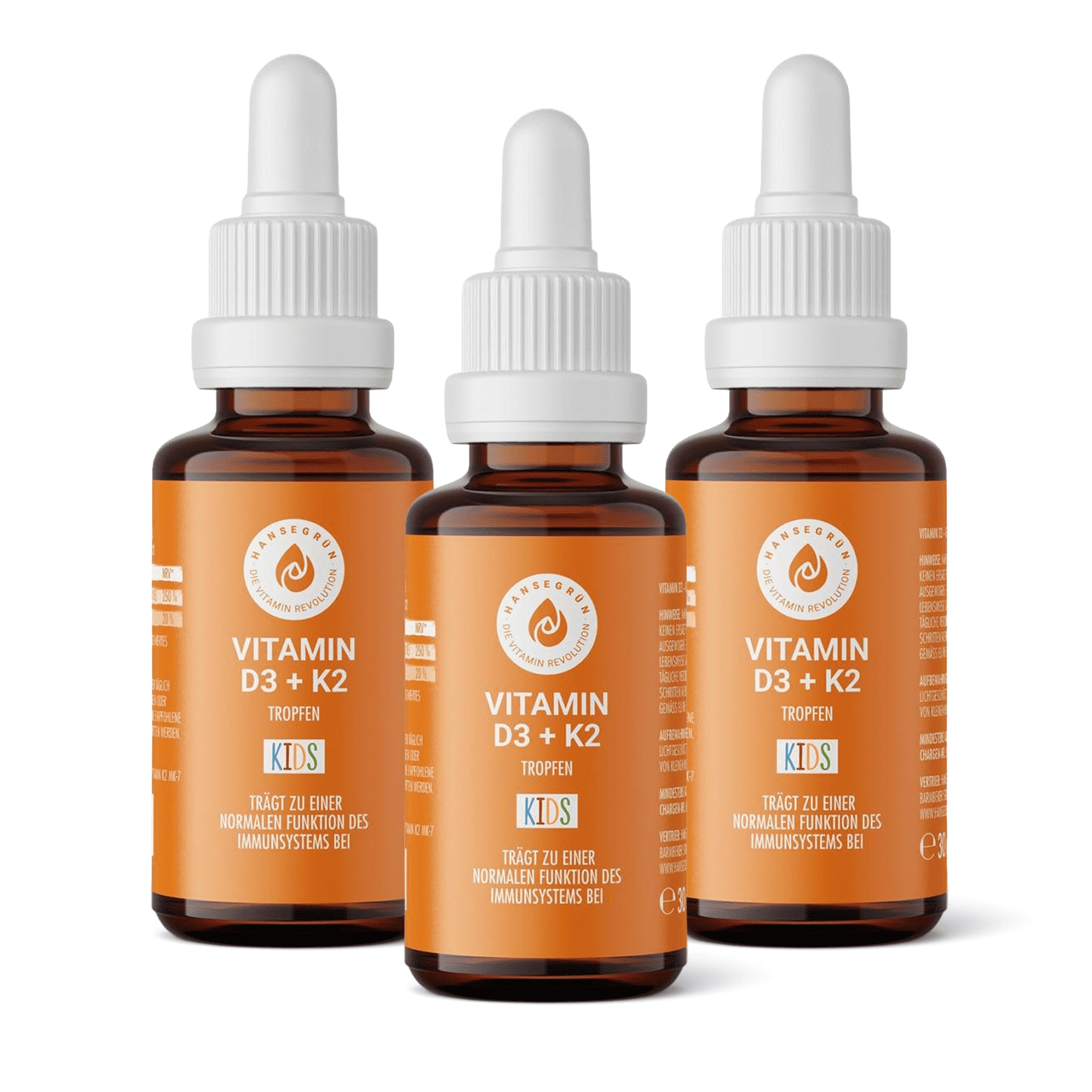 Hansegrün - 3x Vitamintropfen D3K2 Kids - 30ml - Trägt zu einer normalen Funktion des Immunsystems¹ & Knochen² bei - Nur 3 Zutaten - Vegan & ohne Zusatzstoffe - Optimale Aufnahme - Für 1000 Tage