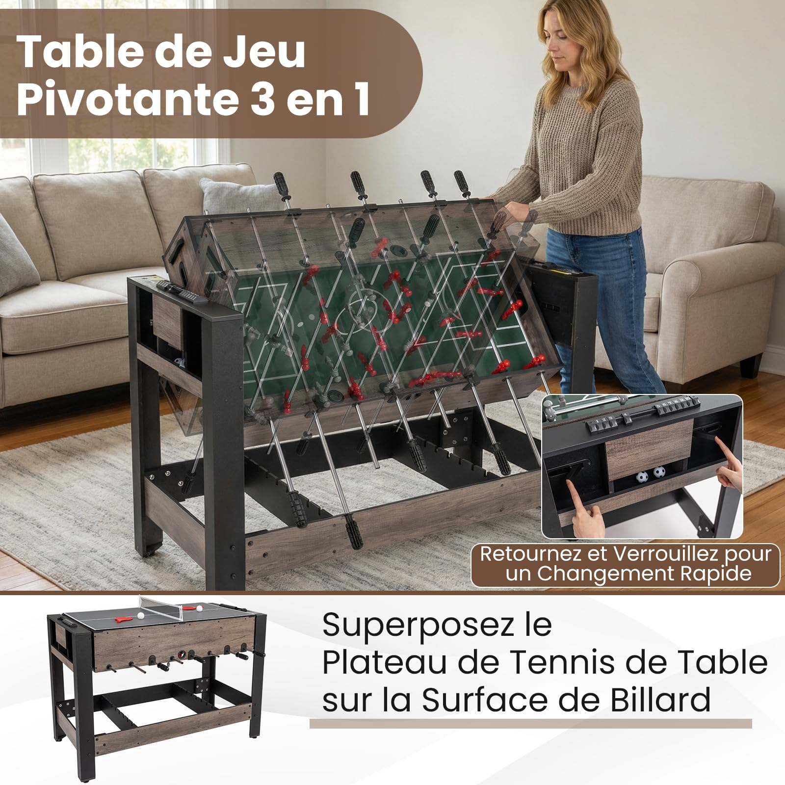 COSTWAY Table de Baby-Foot Pivotante avec Joueurs, Queues, Balles, Table Multijeux avec Pieds Réglables et Marqueur, Billard pour 2-4 Adultes Adolescents pour Salle de Jeux Fêtes