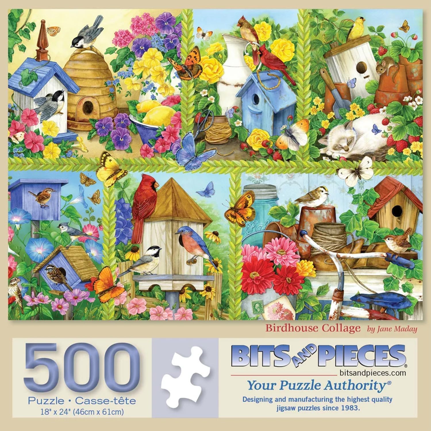 Bits and Pieces 500 Piece Puzzles for Adults - Birdhouse Collage - - Large 18" x 24" Jigsaw Puzzles 500 Pieces Colorful Springtime Birds and Flowers, No 2 Pieces Alike
