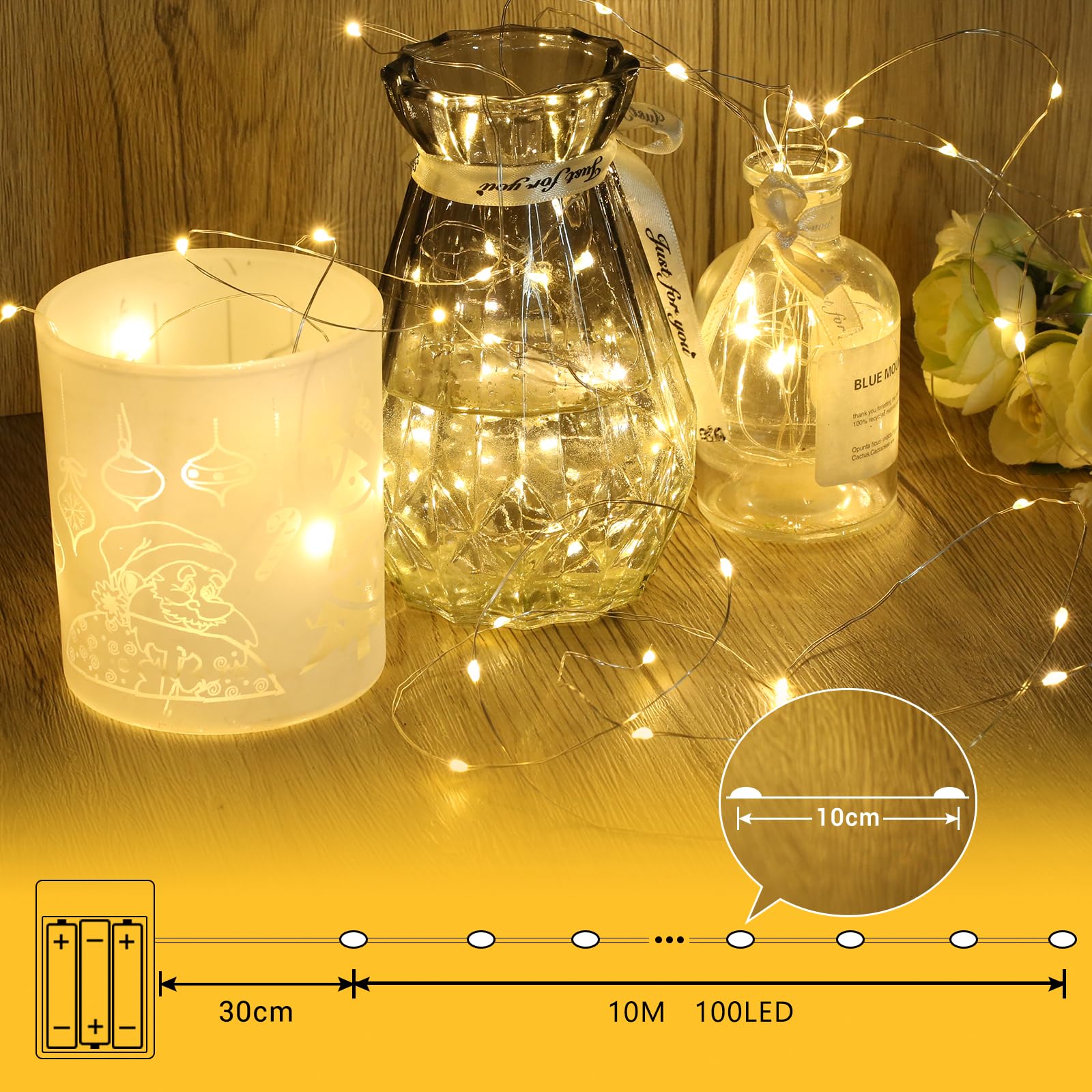 Qedertek 2 Pezzi Luci Led a Batteria 10M 100 LED, Luci Natale Esterno, 2 Modalità, Filo di d'argento, Catena Luminosa Lucine Fata Decorative per Albero di Natale, Porta, Matrimonio, Bar (Bianco Caldo)