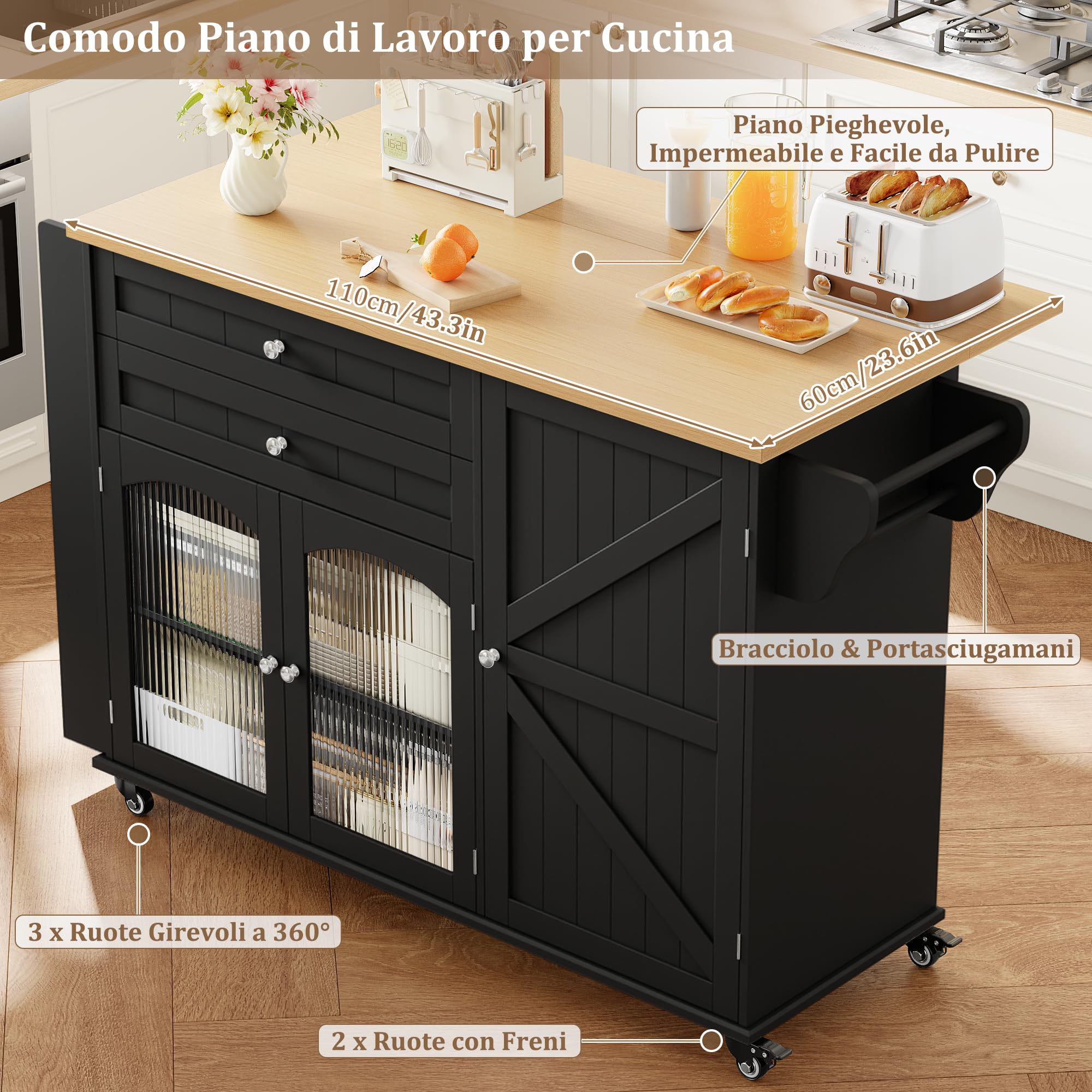 FirFurd Isola Cucina con Piano di Lavoro Pieghevole 132x40x97,5 cm Nero