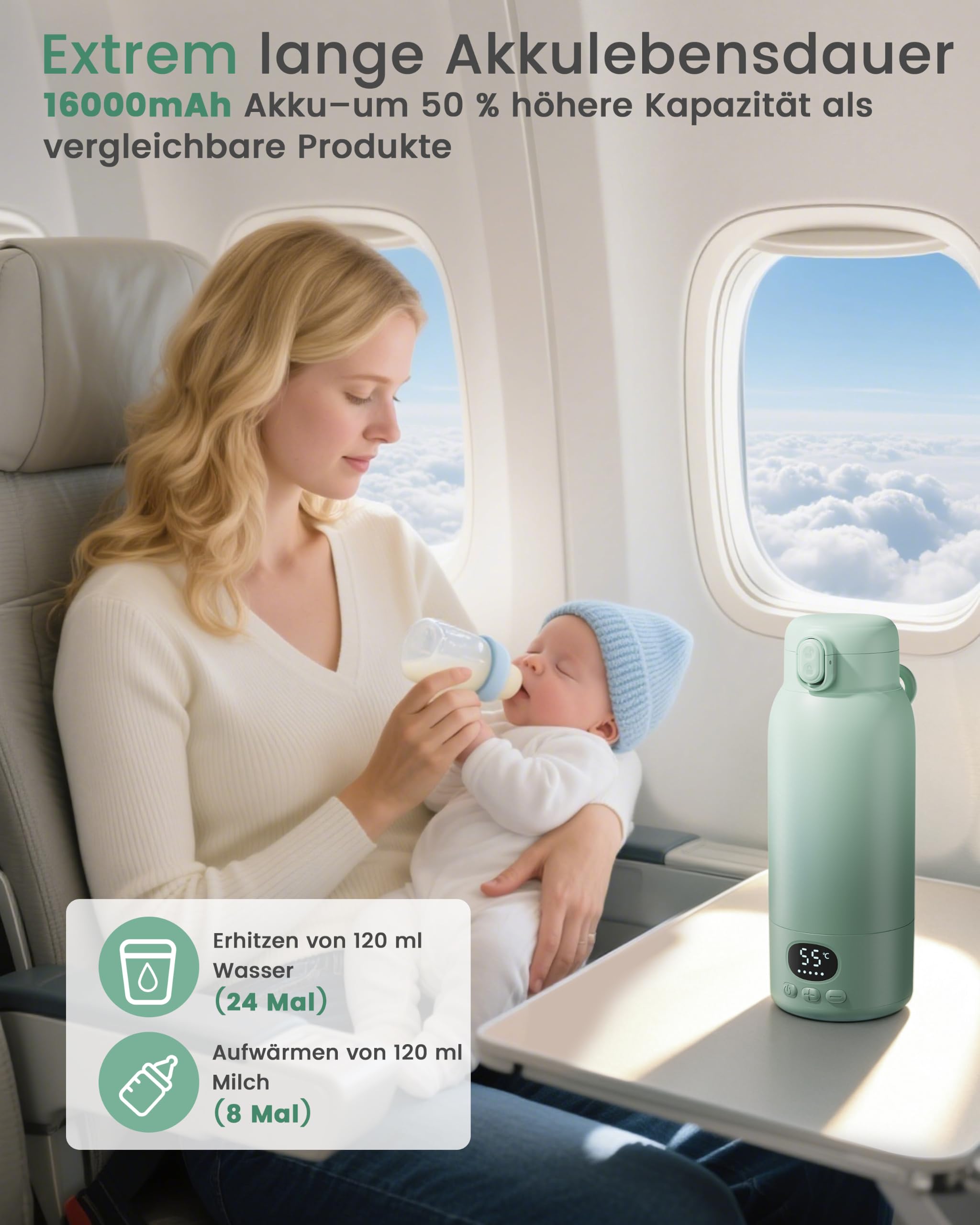 Tragbarer Flaschenwärmer Baby, 100W Schnellaufheizung | Kabellos, für unterwegs & Reisen, 500 ml Kapazität, 30x Nutzung/Akku, USB-C, BPA-frei, hellgrün