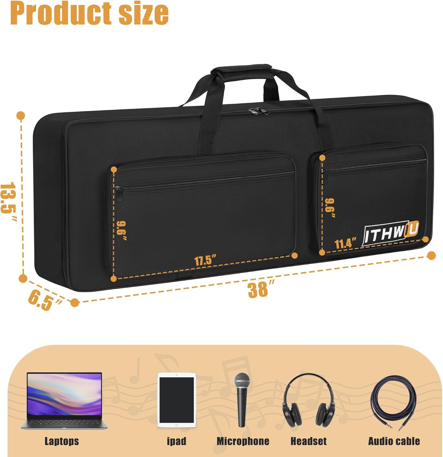 Padded 8mm Shockproof Slim61 Keys Keyboard Case Electric Piano Keyboard Gig Bag Well Protection with Adjustable Straps and 4-Pocket for Keyboard Accessaries, Black (Interior: 37.8”×13”×6”)