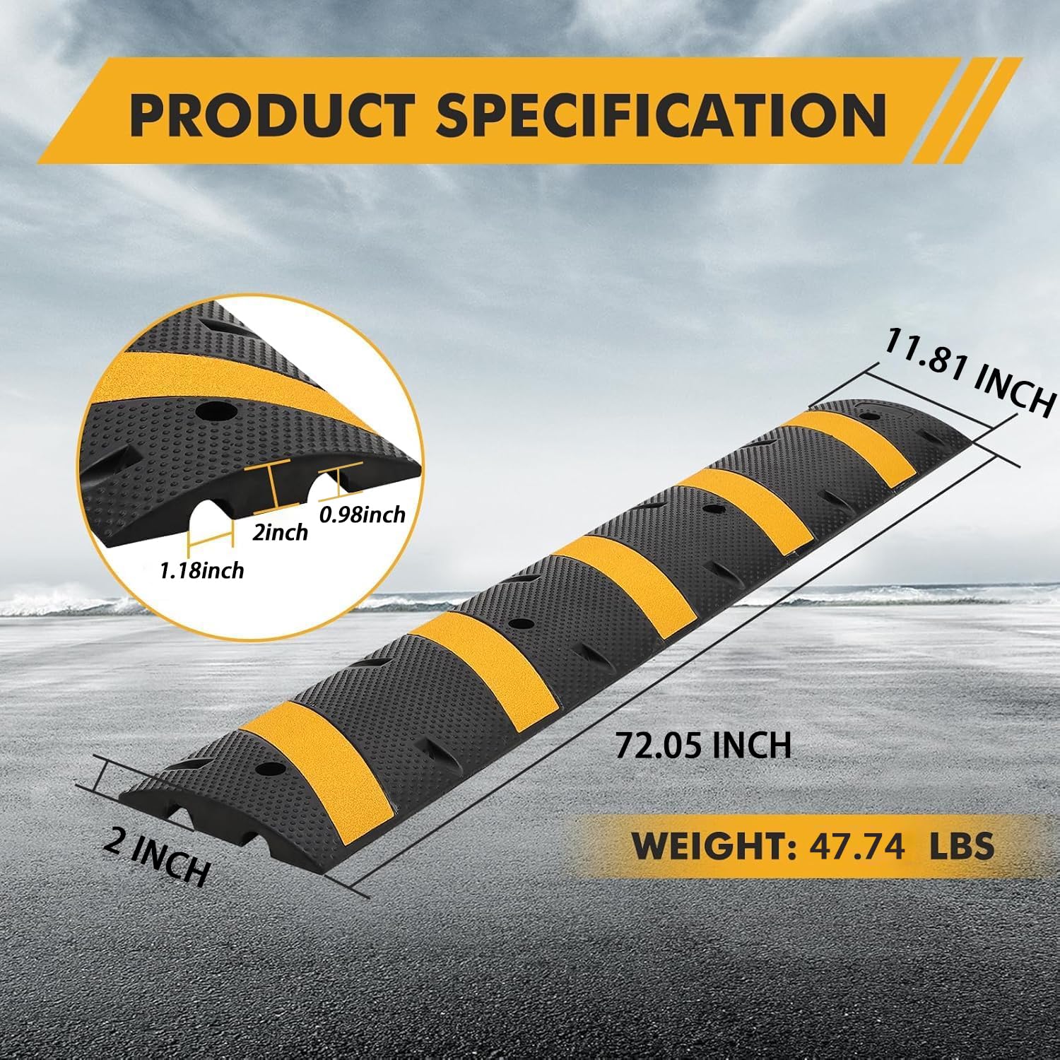 Recycled Rubber Speed Bump 6ft 2Pack - Industrial-Grade for Asphalt, Temporary Use for Driveways, 2 Inch High for Gravel Roads, Durable Rubber Design, Ideal for Neighborhood Roads.