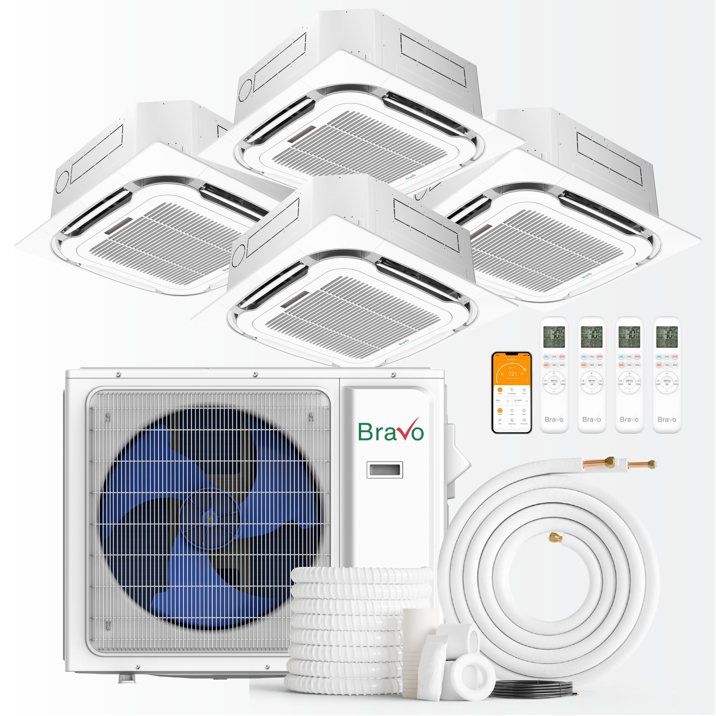 BRAVO 36,000 BTU 4-Zone 9000 + 9000 + 9000 + 12000 BTU Ceiling Cassette, 23 SEER2 Ductless Mini Split AC & Heat Pump – Includes Smart Control & 25FT