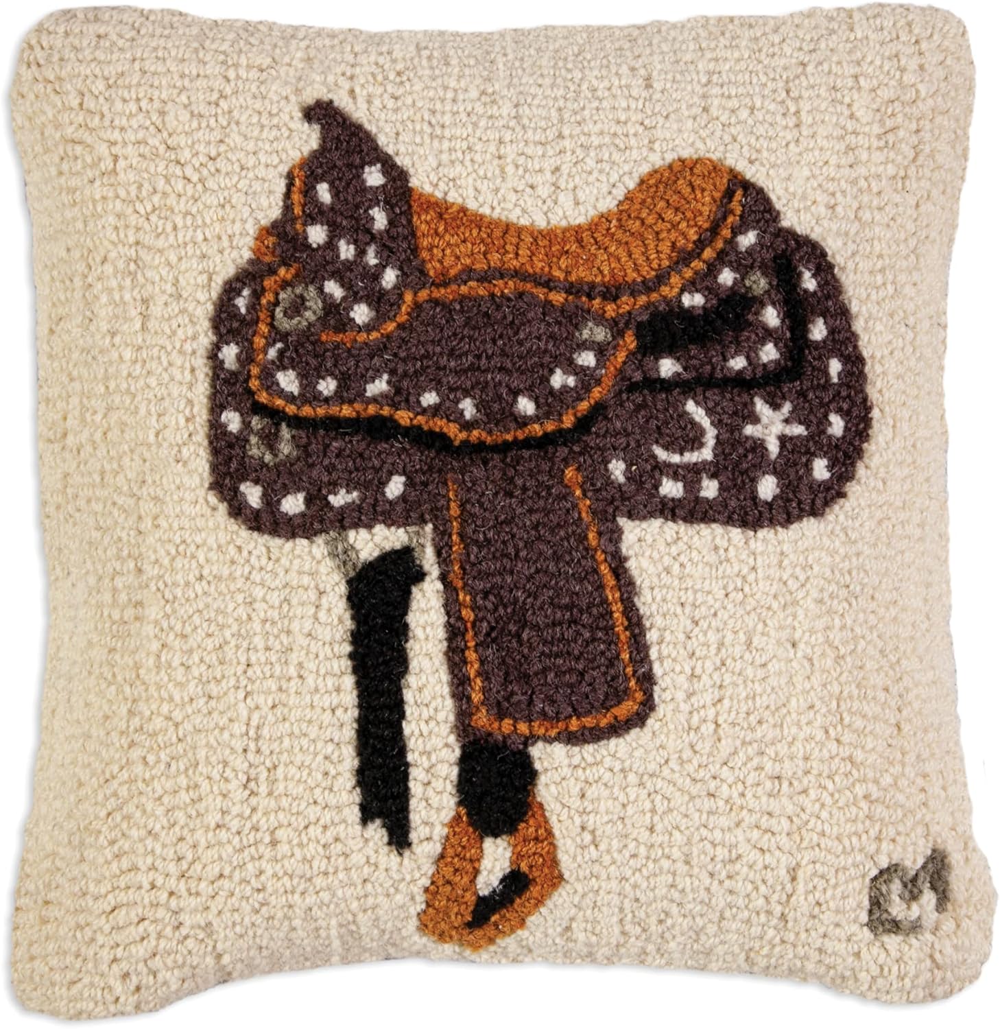Chandler 4 Corners Artist-Designed Western Saddle Hand-Hooked Wool Decorative Throw Pillow (18 in x 18 in) Horse-Themed Pillow for Couches & Beds-Easy Care, Low Maintenance Country Western Home Décor